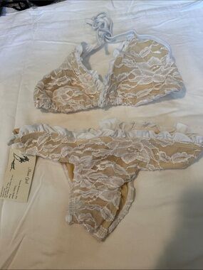 Lace Overlay Swim Bralette & Ruffled Bikini Bottoms - Nude/White